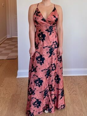 Lulu's Coral and Black Floral Maxi Dress with Waist Tie